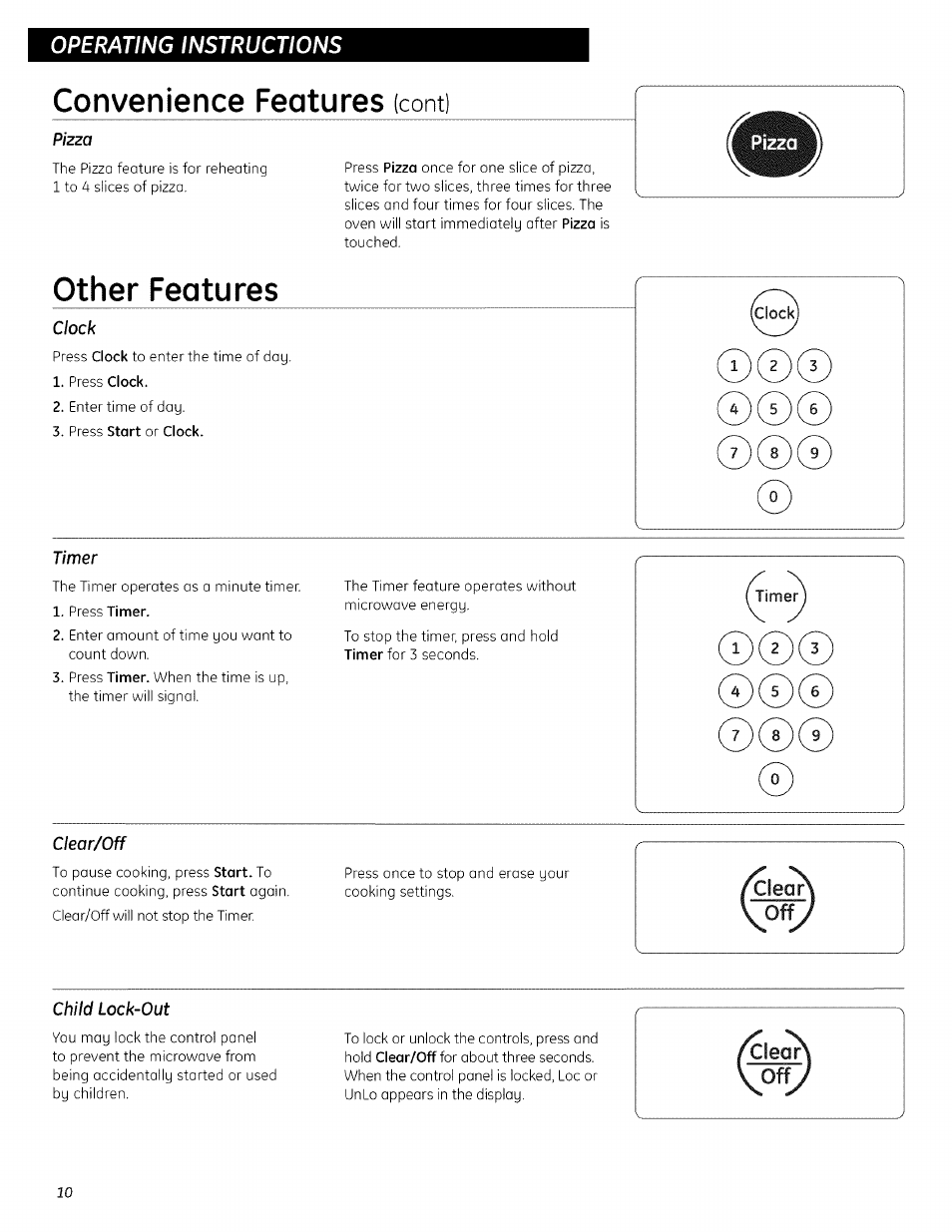 Pizza, Clock, Timer | Clear/off, Child lock-out, Convenience features, Other features, Operating instructions, Com) | GE 700 WATTS JESO734PIVLRR User Manual | Page 38 / 42