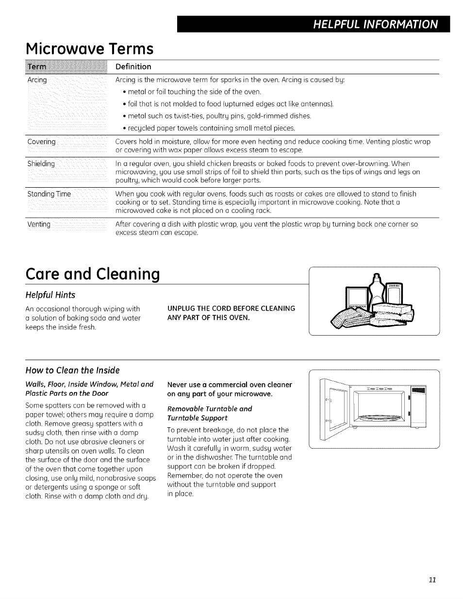 Helpful information, Helpful hints, How to cleon the inside | Removable turntable and turntable support, Microwave terms, Care and cleaning | GE 700 WATTS JESO734PIVLRR User Manual | Page 39 / 42