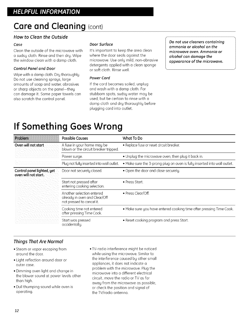 Helpful information, How to clean the outside, Case | Control panel and door, Door surface, Power cord, Things that are normal, Care and cleaning, If something goes wrong, Conti | GE 700 WATTS JESO734PIVLRR User Manual | Page 40 / 42