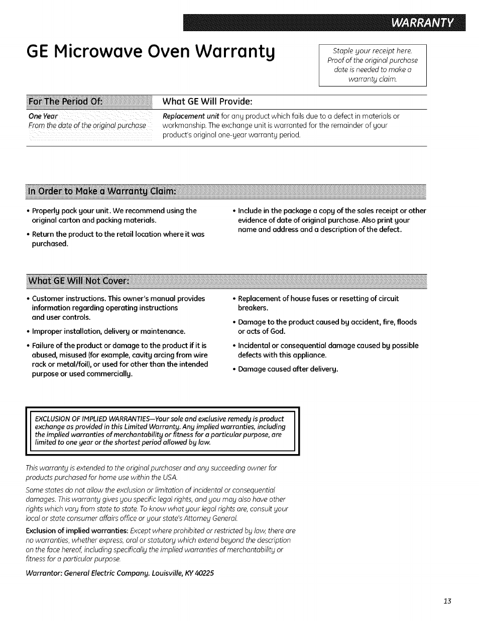 Warranty, Ge microwave oven warranty | GE 700 WATTS JESO734PIVLRR User Manual | Page 41 / 42
