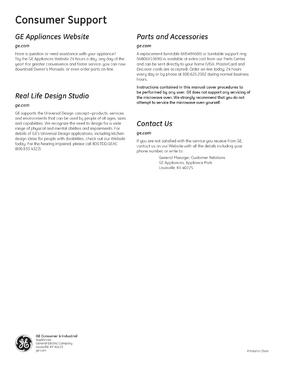 Parts and accessories, Contact us, Consumer support | Ge appliances website, Real life design studio | GE 700 WATTS JESO734PIVLRR User Manual | Page 42 / 42