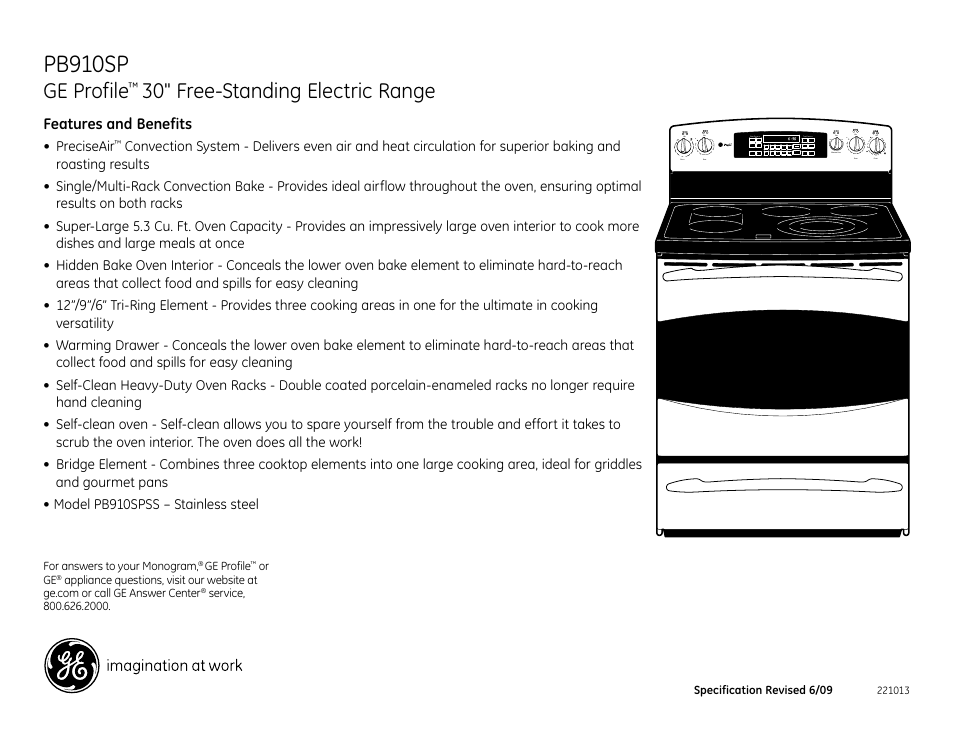 Pb910sp, Ge profile, 30" free-standing electric range | GE Profile PB910SP User Manual | Page 2 / 2