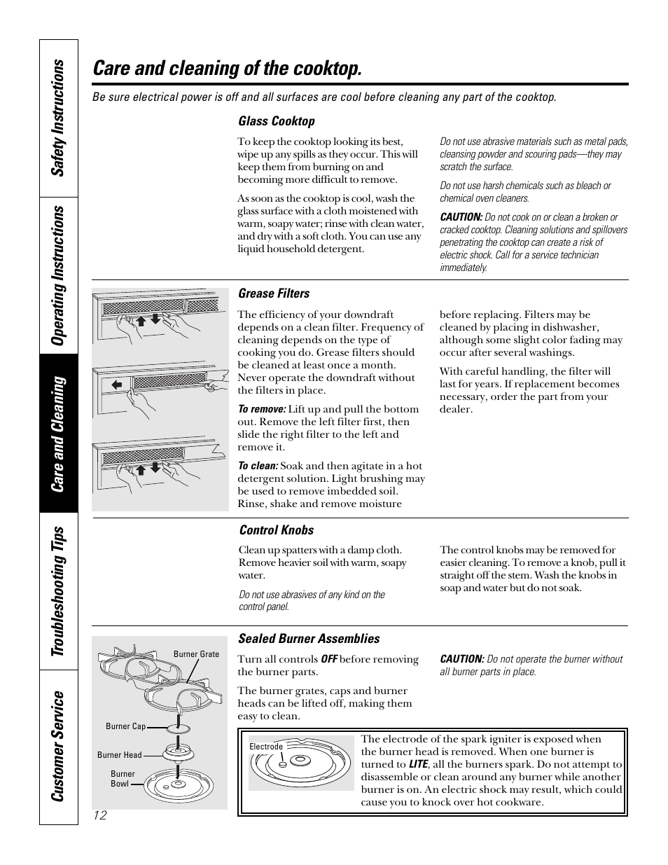 Burner assemblies, Control knobs, Glass cooktop | Grease filters, Control knobs glass cooktop grease filters, Care and cleaning of the cooktop | GE JGP656 User Manual | Page 12 / 32