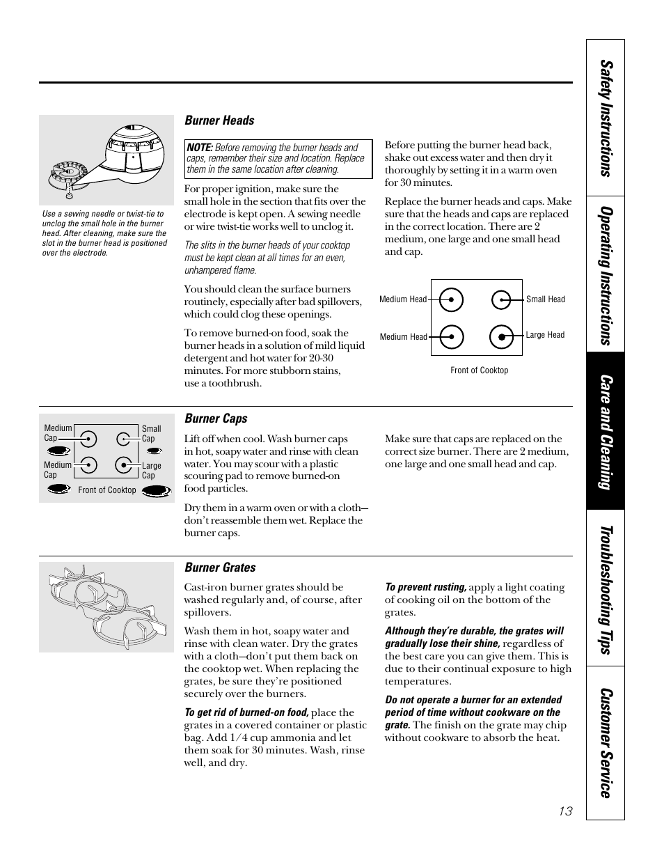 Burner caps, Burner grates, Burner heads | Burner caps burner grates burner heads | GE JGP656 User Manual | Page 13 / 32