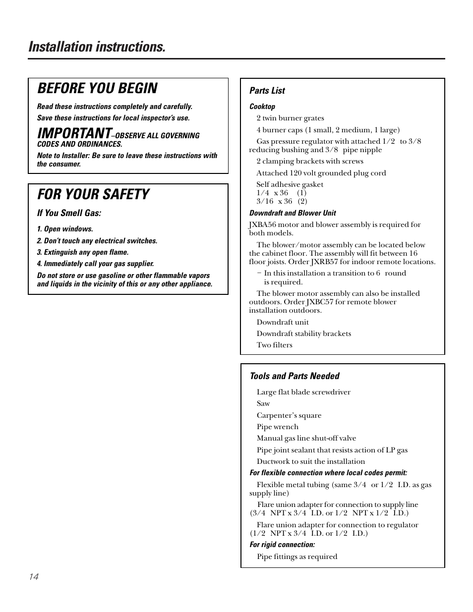 Installing the cooktop, Installing the cooktop –16, 19–24, Installation instructions | Before you begin, Important, For your safety | GE JGP656 User Manual | Page 14 / 32