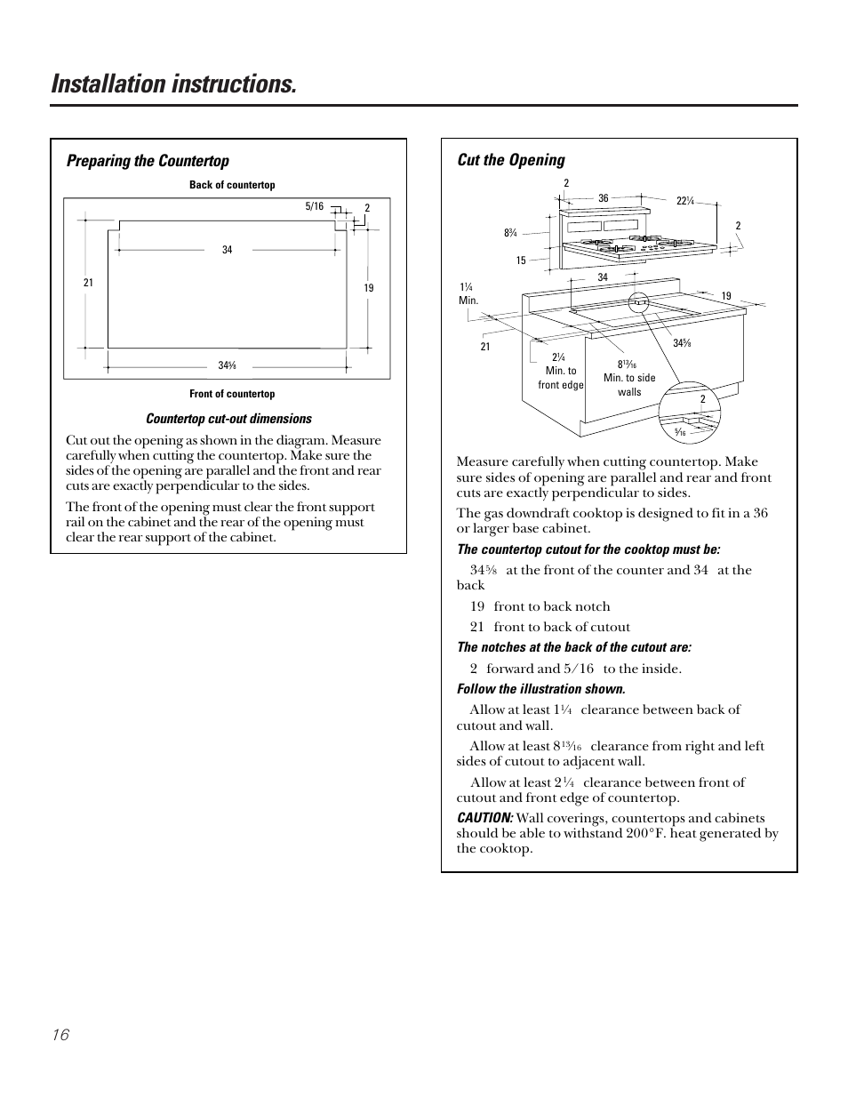 Installation instructions, Cut the opening, Preparing the countertop | GE JGP656 User Manual | Page 16 / 32