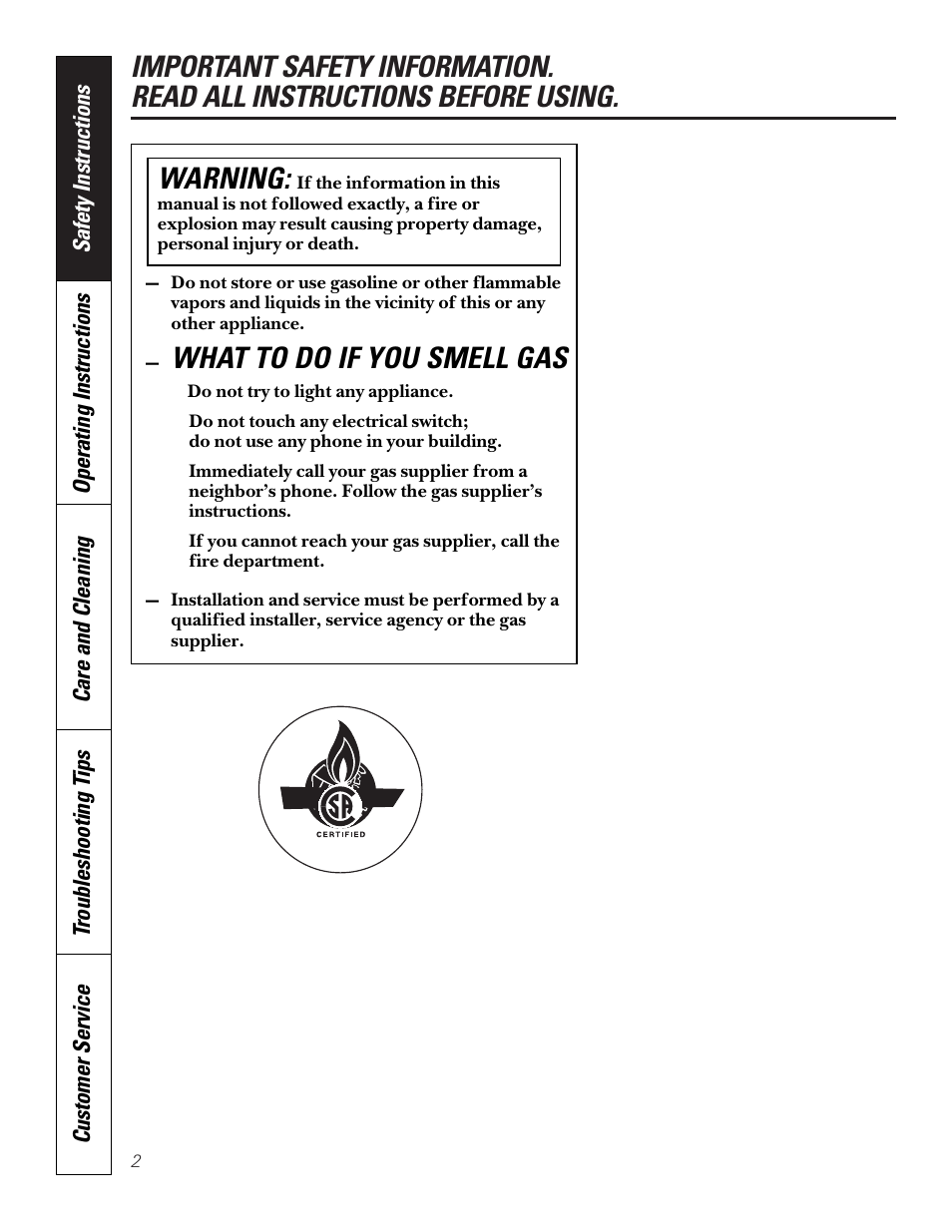 What to do if you smell gas, Warning | GE JGP656 User Manual | Page 2 / 32