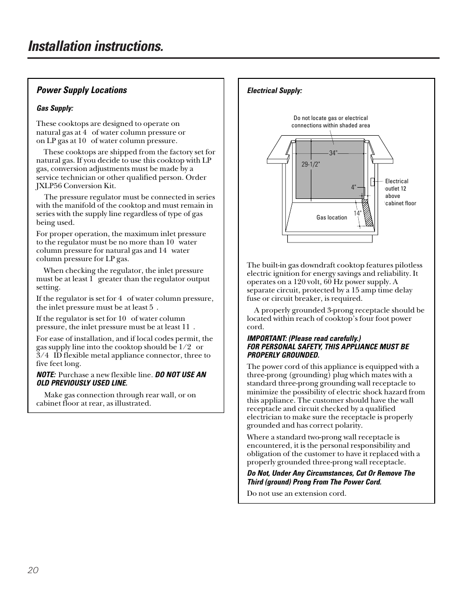 Installation instructions, Power supply locations | GE JGP656 User Manual | Page 20 / 32