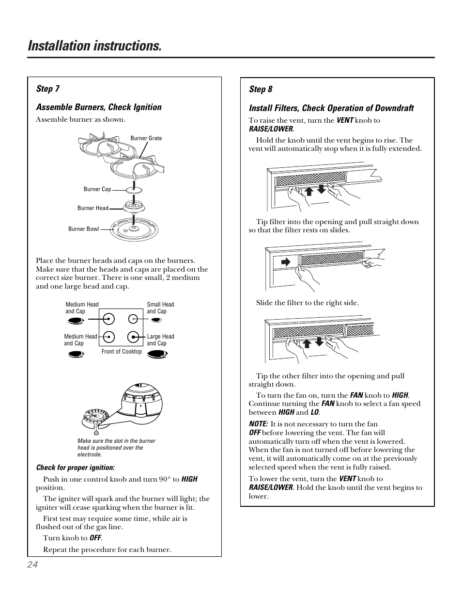 Installation instructions, Step 7 assemble burners, check ignition | GE JGP656 User Manual | Page 24 / 32
