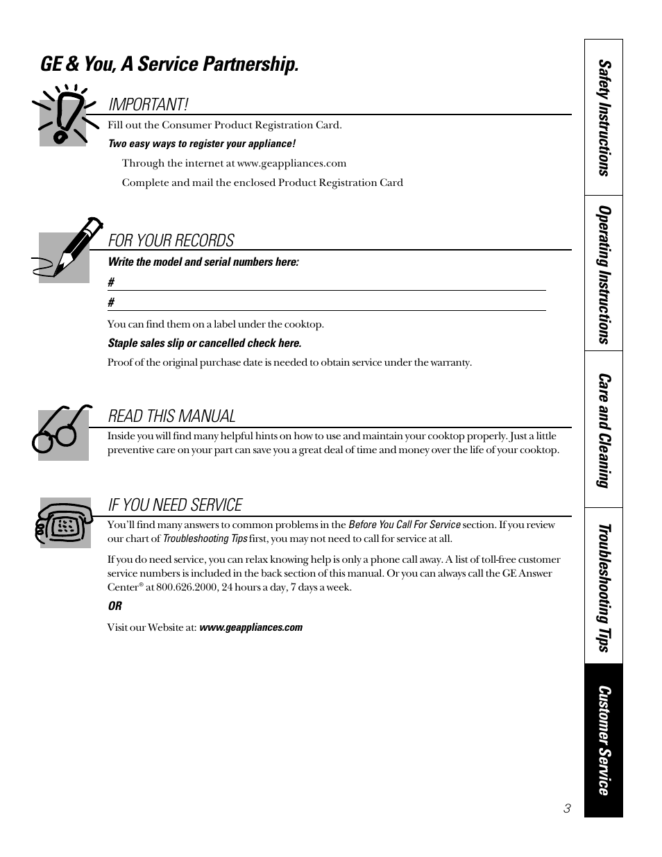 Model and serial number, Product registration, Ge & you, a service partnership | Read this manual, For your records, If you need service, Important | GE JGP656 User Manual | Page 3 / 32