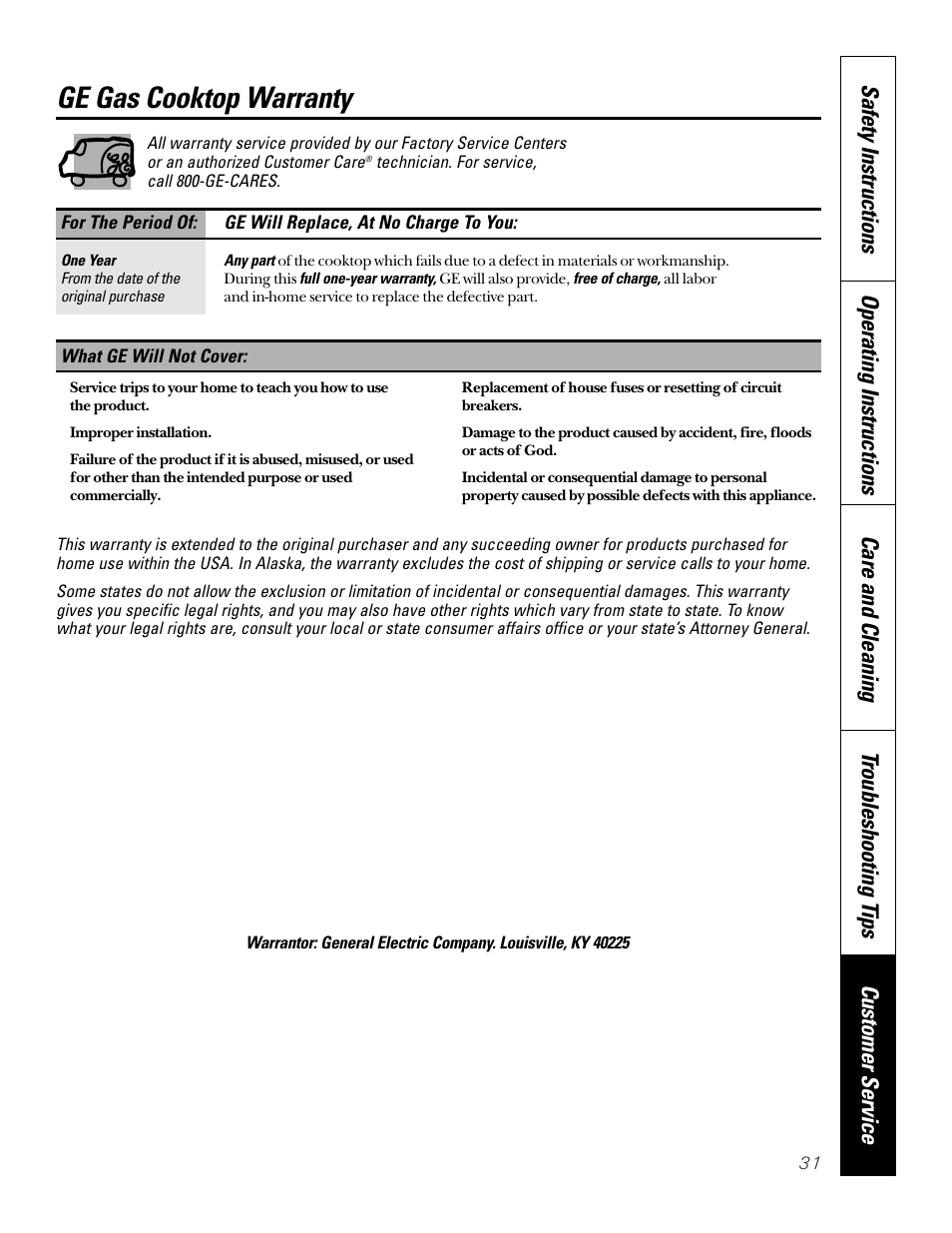 Warranty, Ge gas cooktop warranty | GE JGP656 User Manual | Page 31 / 32
