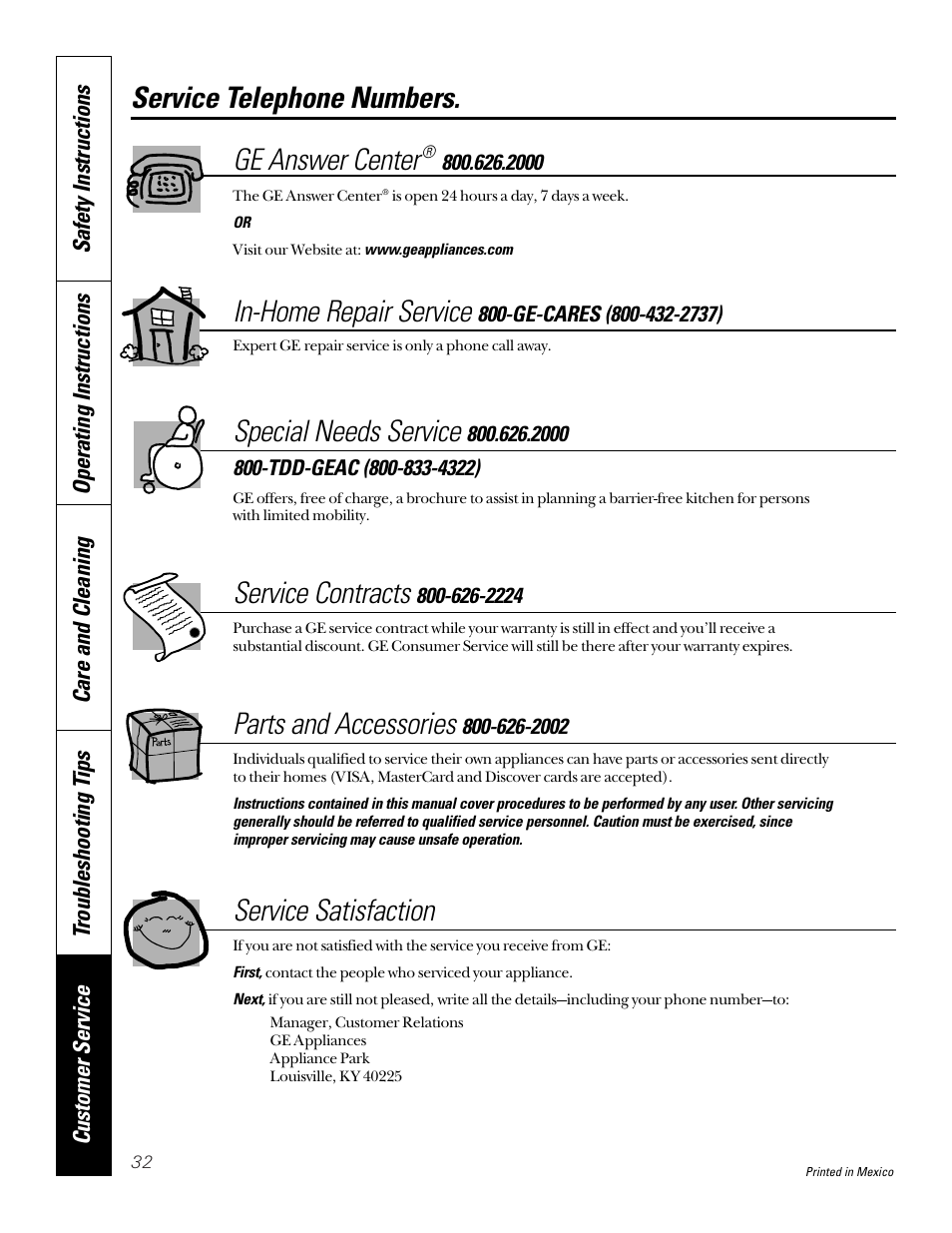 Important phone numbers, Important phone numbers . . . . . . . .back cover, Service telephone numbers. ge answer center | In-home repair service, Special needs service, Service contracts, Parts and accessories, Service satisfaction | GE JGP656 User Manual | Page 32 / 32