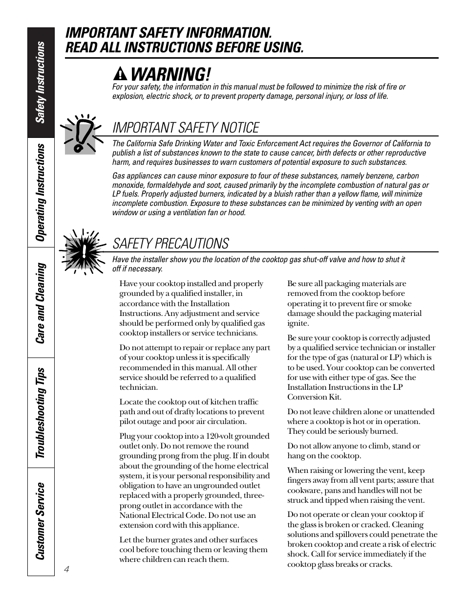 Safety precautions, Safety precautions , 4–7, Warning | Safety precautions important safety notice | GE JGP656 User Manual | Page 4 / 32