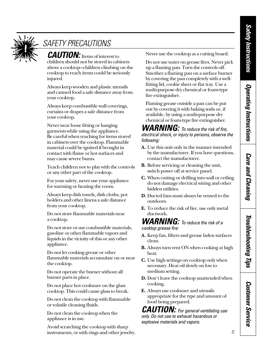 Caution, Warning, Safety precautions | GE JGP656 User Manual | Page 5 / 32