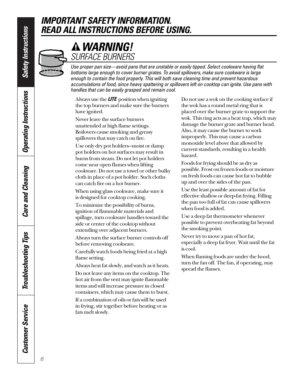 Warning, Surface burners | GE JGP656 User Manual | Page 6 / 32