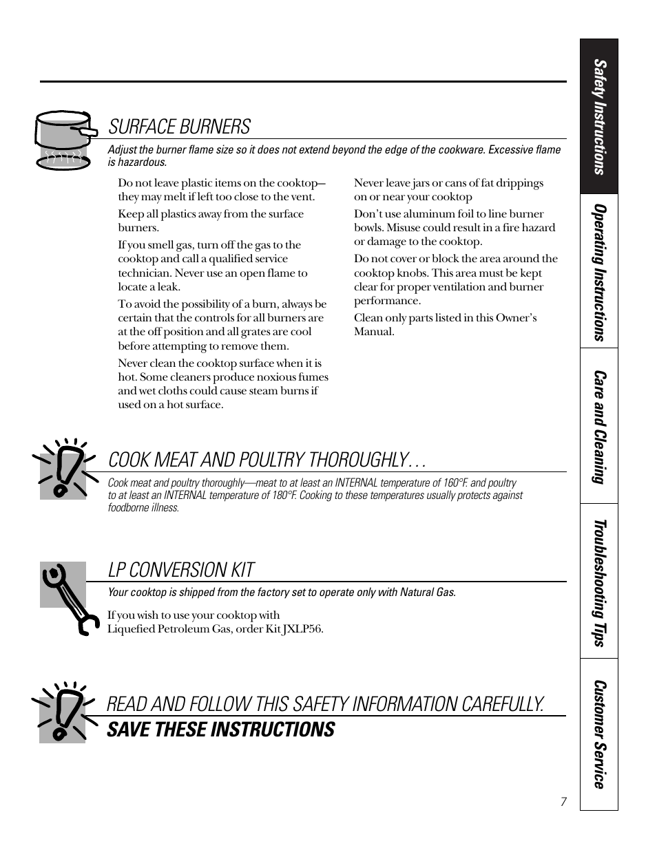 Lp gas, Lp conversion kit, Surface burners | Cook meat and poultry thoroughly | GE JGP656 User Manual | Page 7 / 32