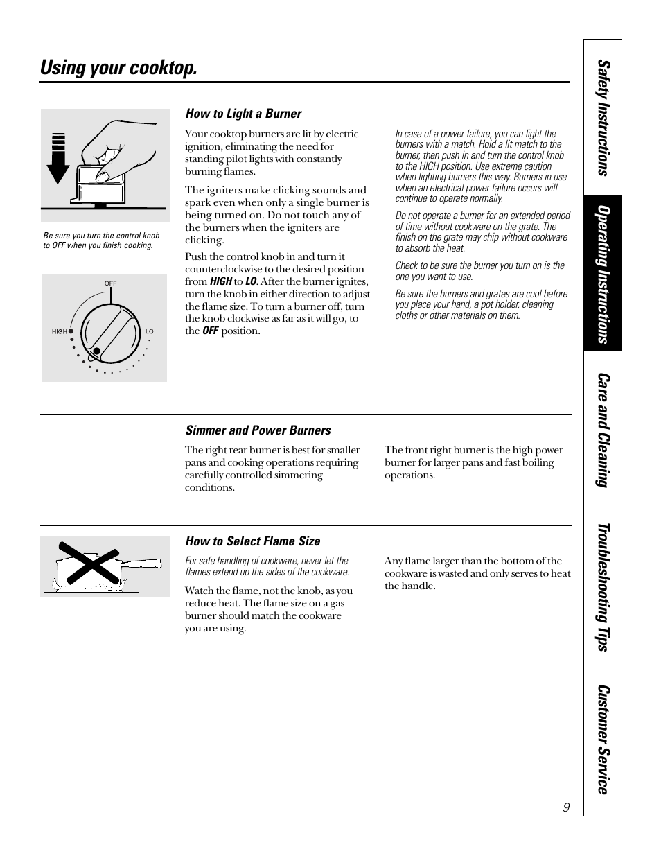 Burners, Using your cooktop | GE JGP656 User Manual | Page 9 / 32