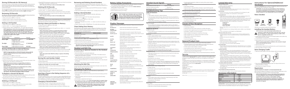 Display messages, Handset sound signals, Troubleshooting tips | Limited warranty, Accessory information, Instructions for optional/additional handset(s), Causes of poor reception, General product care, Service, Headset and belt clip | GE 25931 Series User Manual | Page 2 / 2