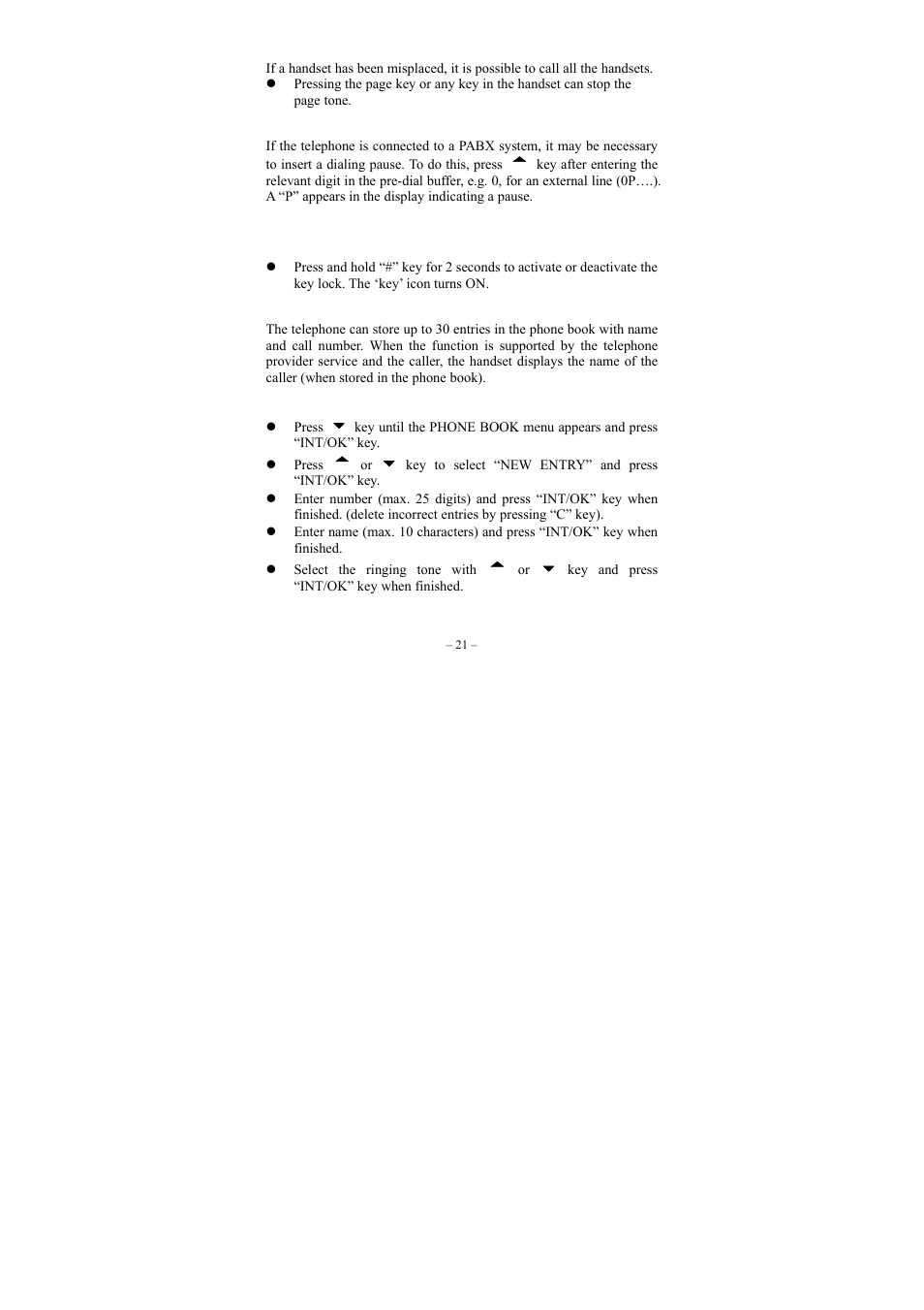 Paging the handset, Entering a dialling pause (p), Switching the key lock on/off | Phone book, Store entries | GE twin set 21880 User Manual | Page 22 / 40