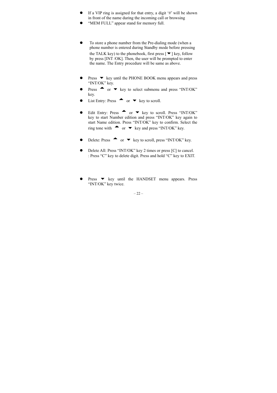 List entries / edit entries / delete entries, Handset settings changing the ringing volume | GE twin set 21880 User Manual | Page 23 / 40