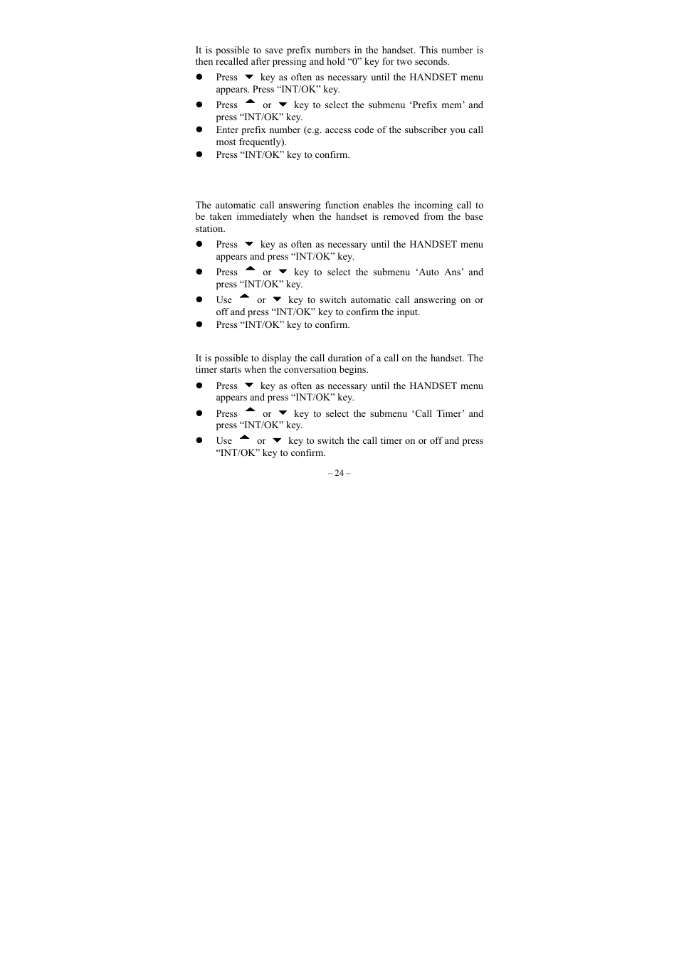 Saving a prefix, Activating/deactivating automatic call answering, Activating/deactivating call timer | GE twin set 21880 User Manual | Page 25 / 40
