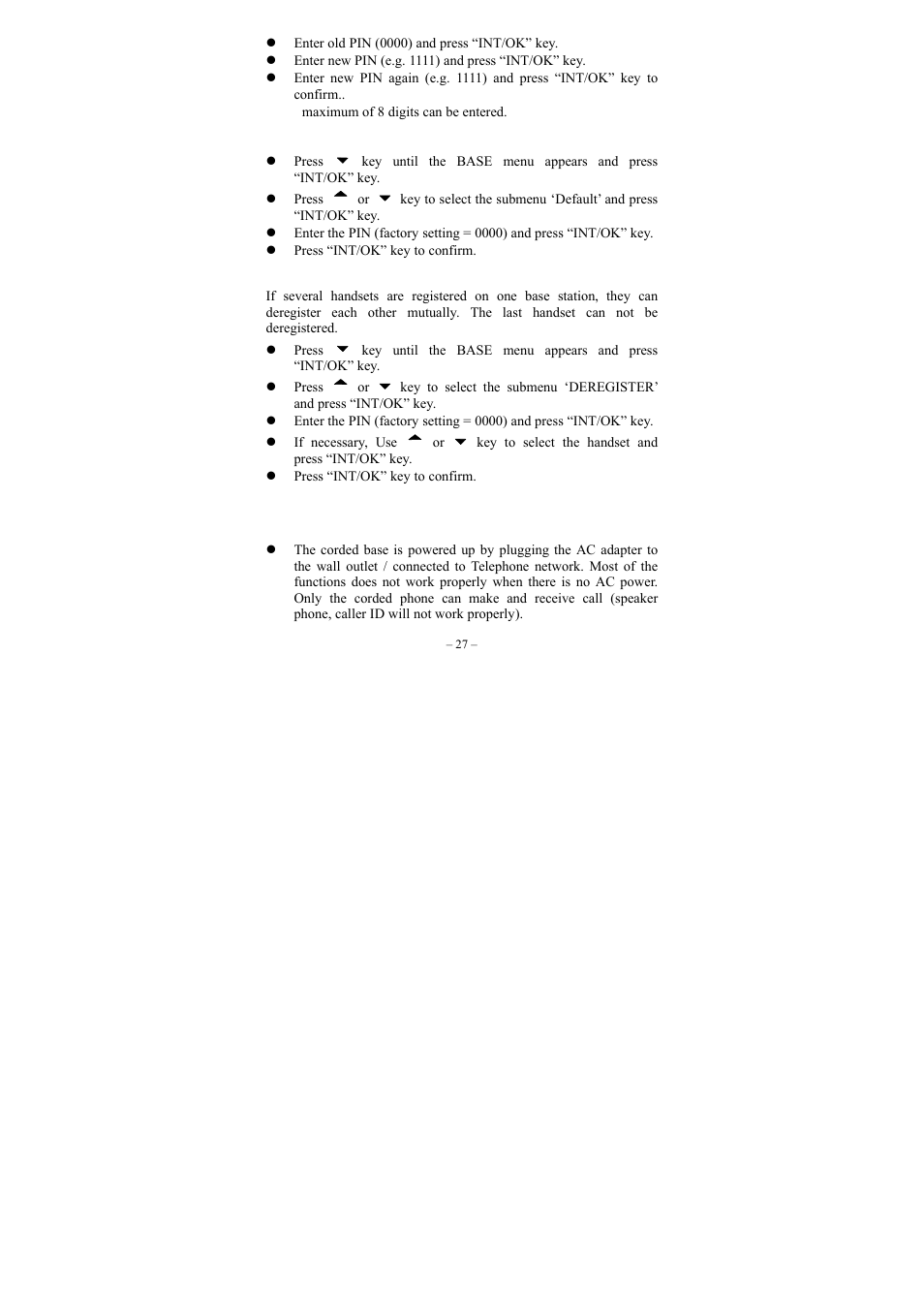 Default settings, Deregister hs, Corded base power on operation | GE twin set 21880 User Manual | Page 28 / 40