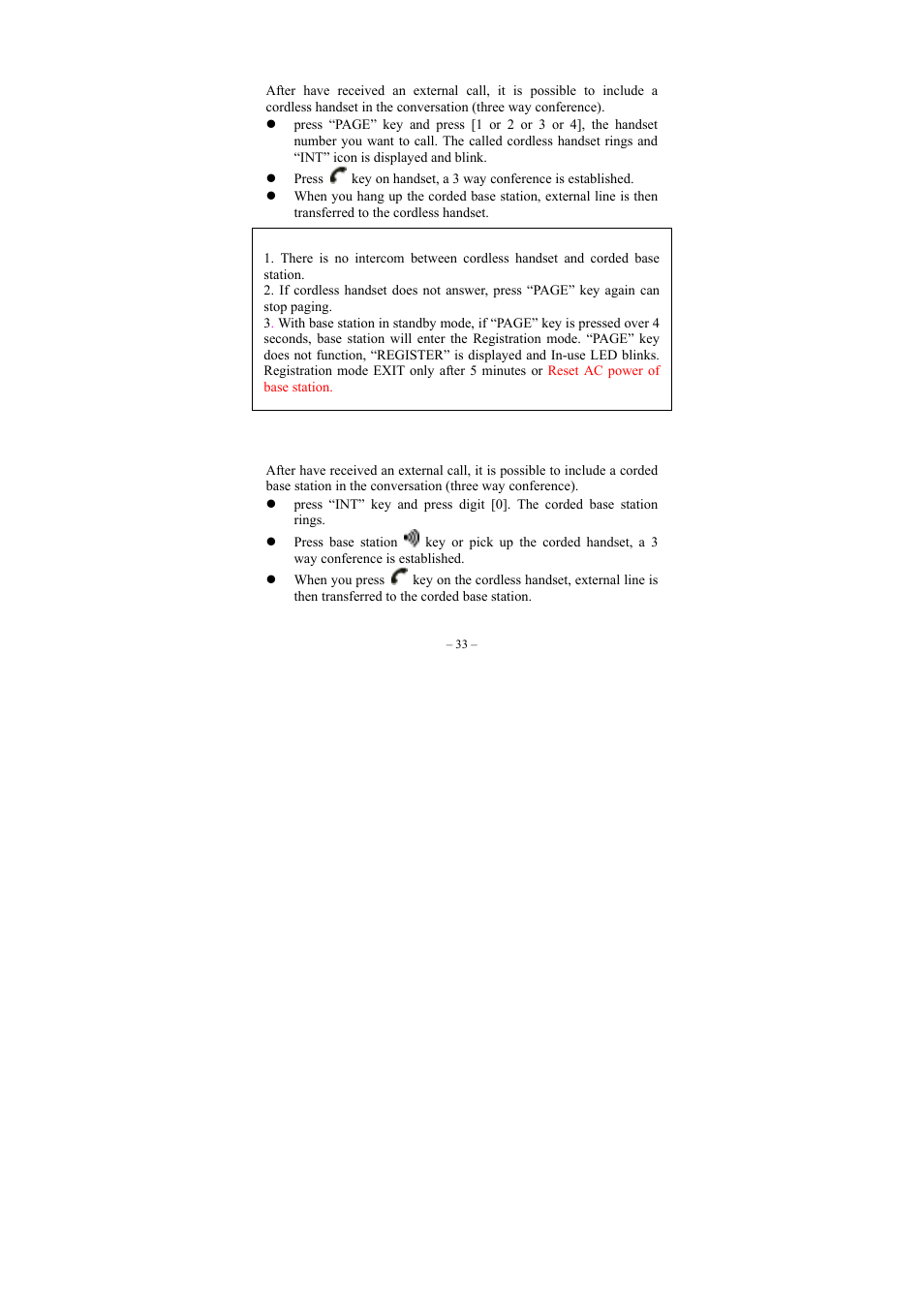 Teleconference (cored base station to handset) | GE twin set 21880 User Manual | Page 34 / 40