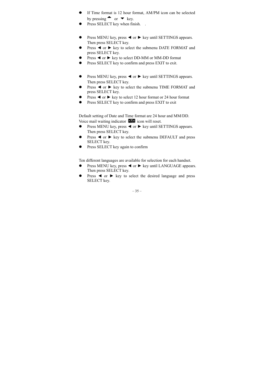 Set date format, Set time format, Default settings | Selecting the language | GE twin set 21880 User Manual | Page 36 / 40