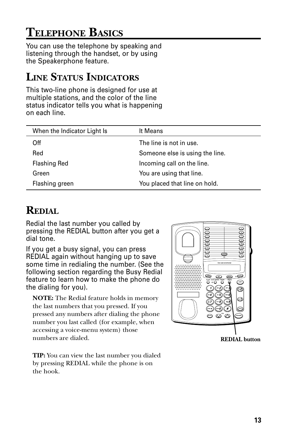 Elephone, Asics, Edial | Tatus, Ndicators, Redial button | GE 29438 User Manual | Page 13 / 64