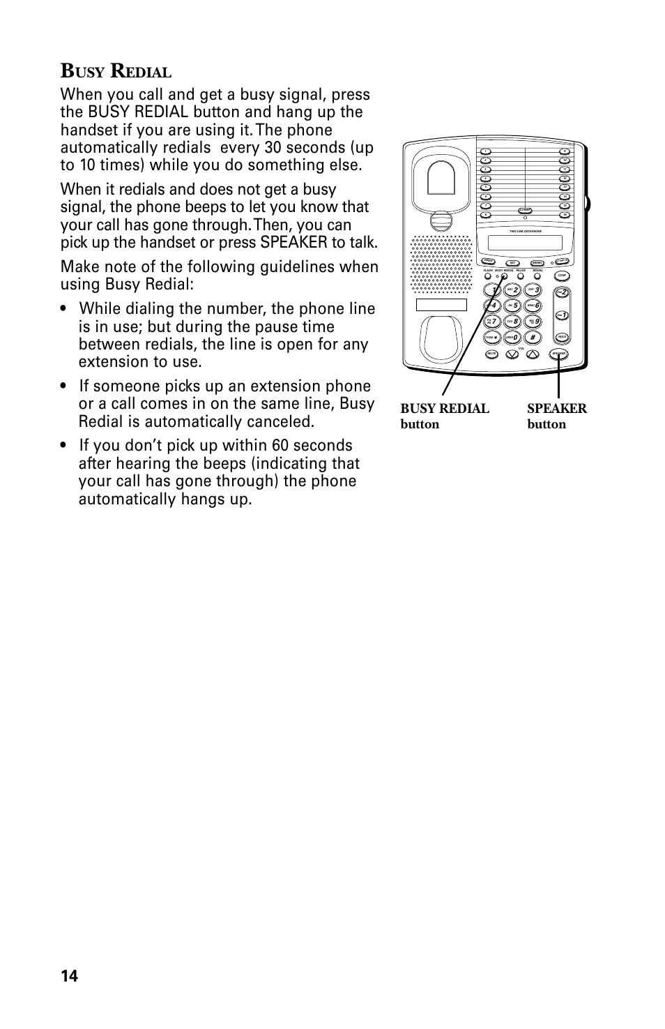 Edial, Busy redial button speaker button | GE 29438 User Manual | Page 14 / 64