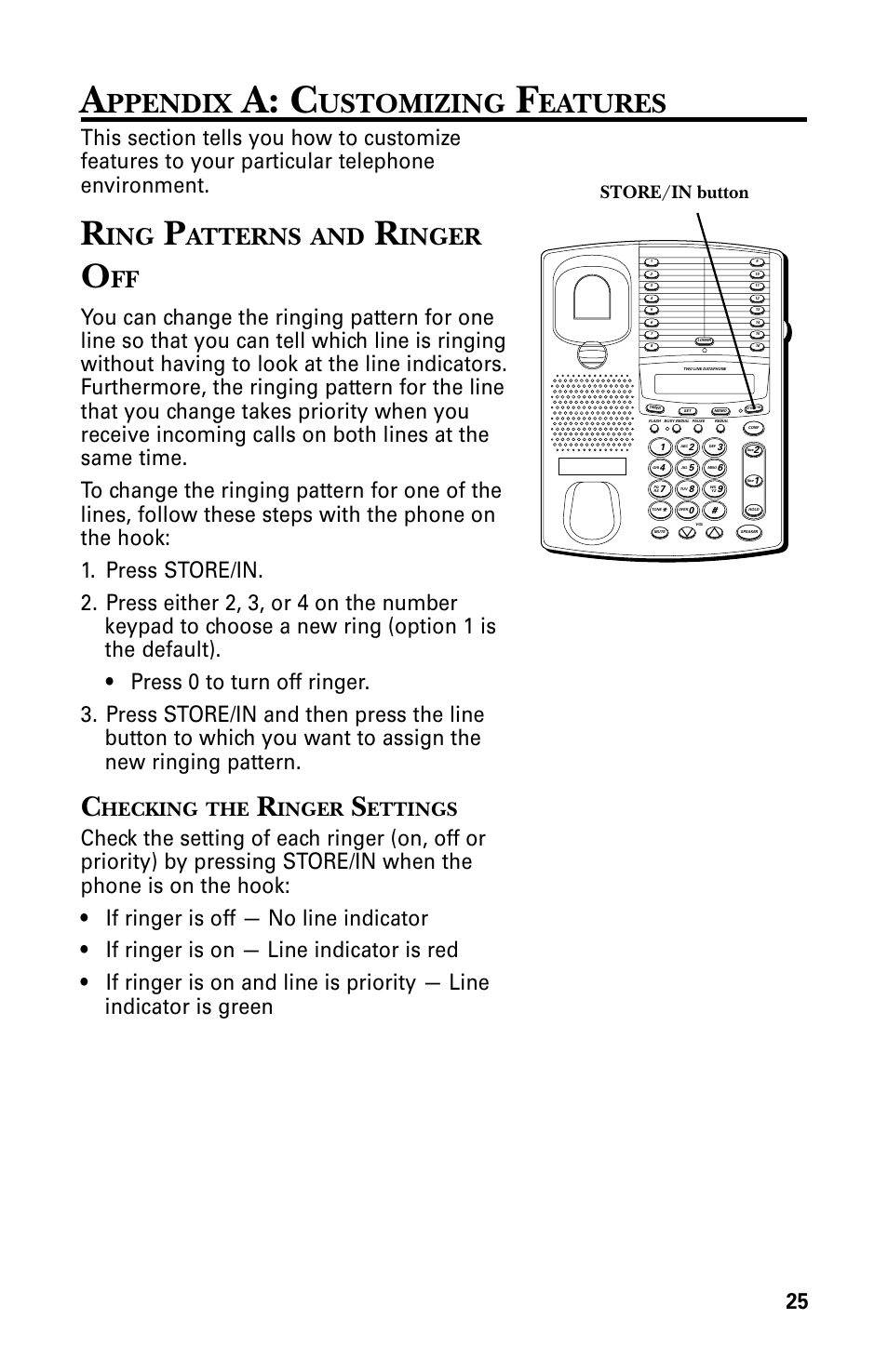 A: c, Ppendix, Ustomizing | Eatures, Atterns, Inger, Hecking, Ettings, Store/in button | GE 29438 User Manual | Page 25 / 64