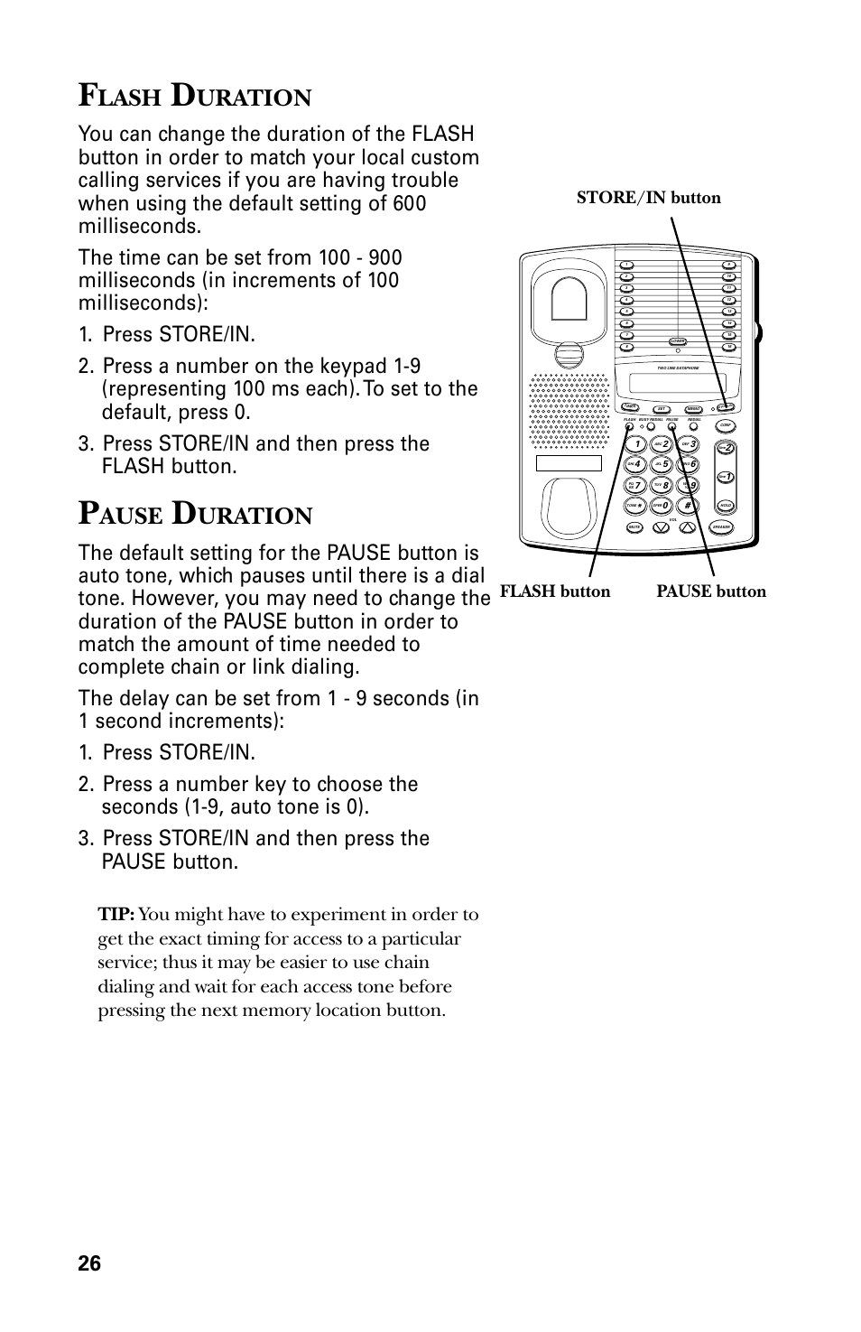 Lash, Uration, Ause | Store/in button flash button pause button | GE 29438 User Manual | Page 26 / 64