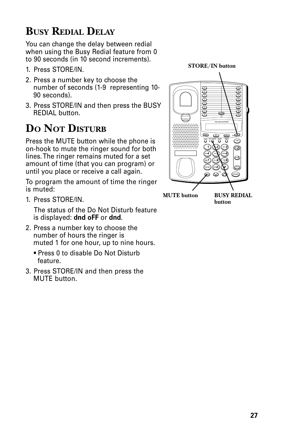 Edial, Elay, Isturb | Store/in button mute button busy redial button | GE 29438 User Manual | Page 27 / 64