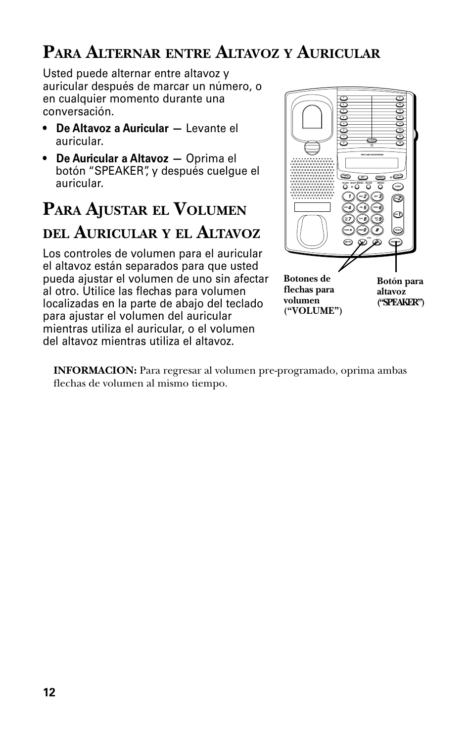 Lternar, Entre, Ltavoz | Uricular, Justar, Olumen del | GE 29438 User Manual | Page 44 / 64