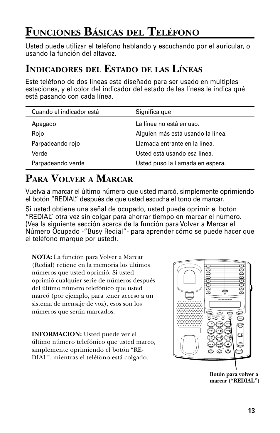 Unciones, Ásicas, Eléfono | Ndicadores, Stado, Íneas, Olver, Arcar, Botón para volver a marcar (“redial”) | GE 29438 User Manual | Page 45 / 64