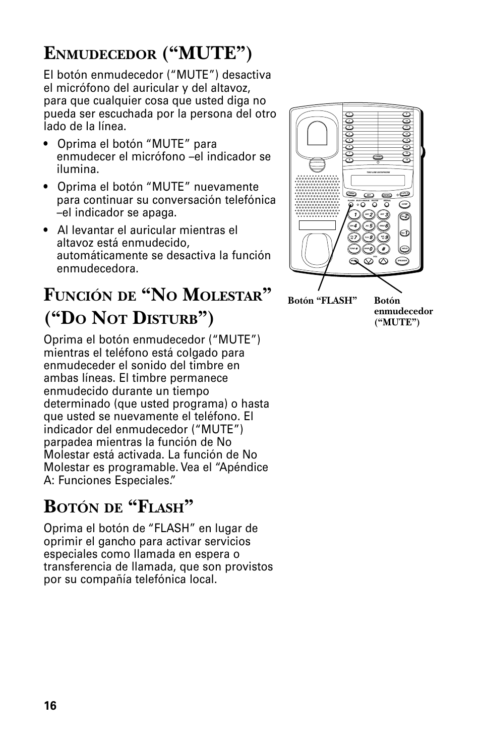 Mute”), Nmudecedor, Unción | Olestar, Isturb, Otón, Lash, Botón “flash” botón enmudecedor (“mute”) | GE 29438 User Manual | Page 48 / 64