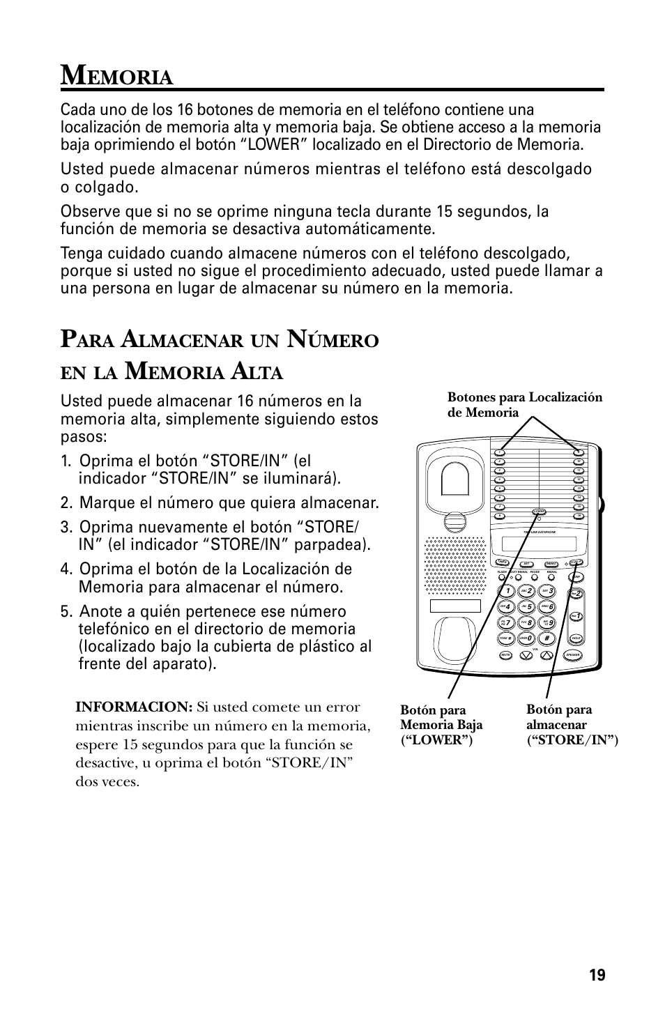 Emoria, Lmacenar, Úmero en | GE 29438 User Manual | Page 51 / 64