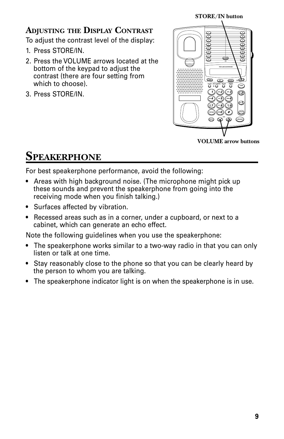 Peakerphone, Djusting, Isplay | Ontrast, Store/in button volume arrow buttons | GE 29438 User Manual | Page 9 / 64