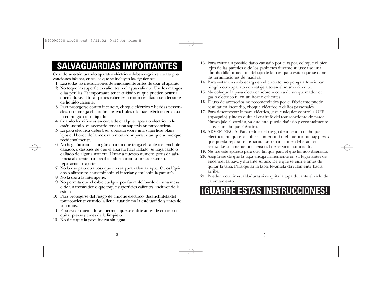 Guarde estas instrucciones, Salvaguardias importantes | GE 840099900 User Manual | Page 5 / 9
