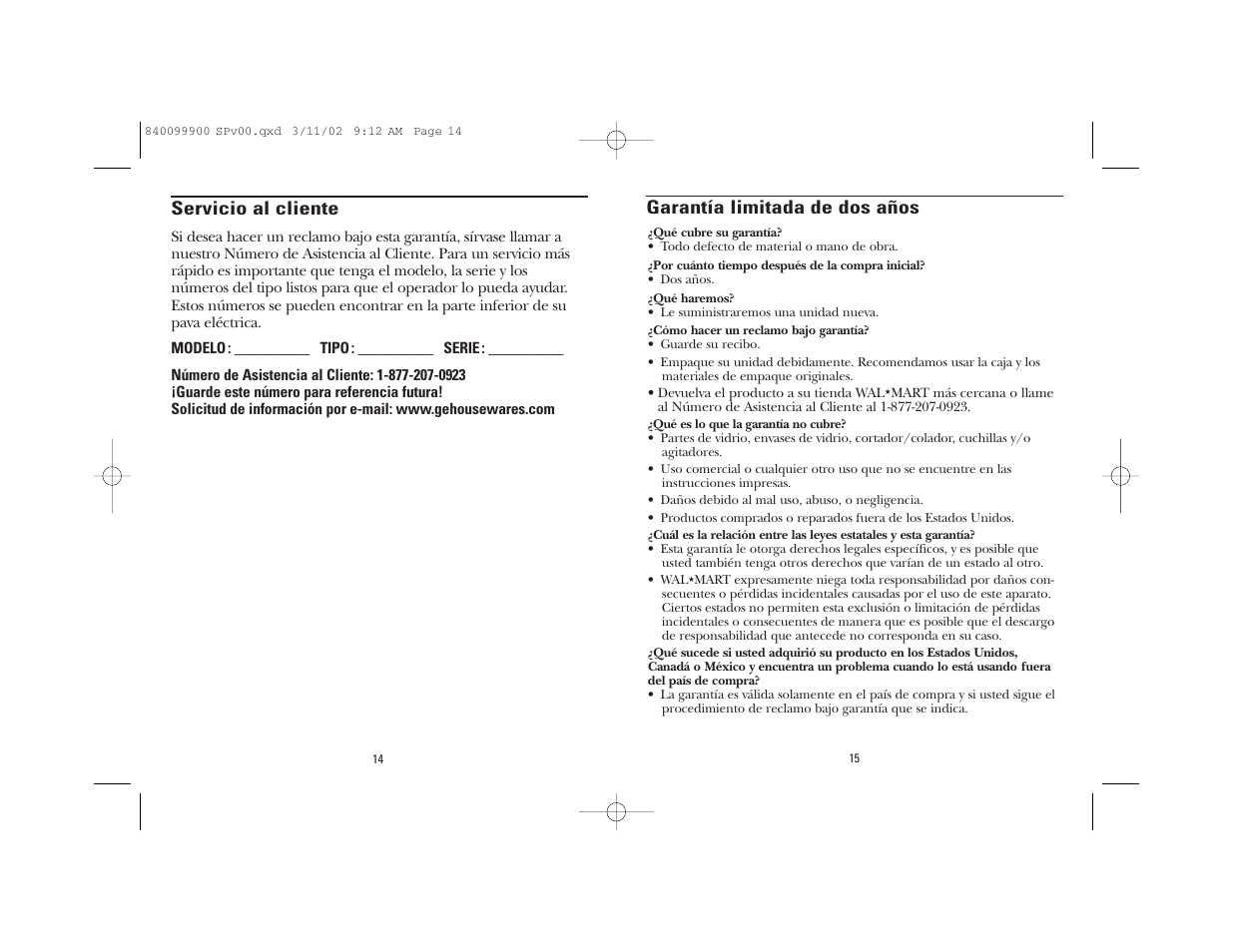 Garantía limitada de dos años, Servicio al cliente | GE 840099900 User Manual | Page 8 / 9