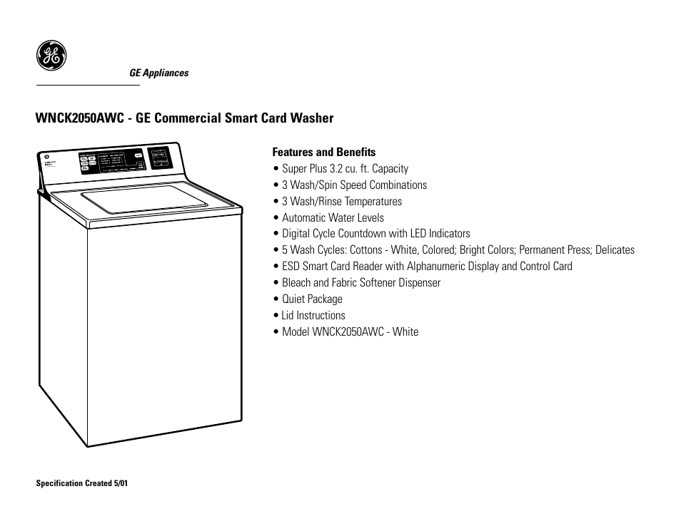 Wnck2050awc - ge commercial smart card washer | GE Profile WNCK2050AWC User Manual | Page 2 / 2