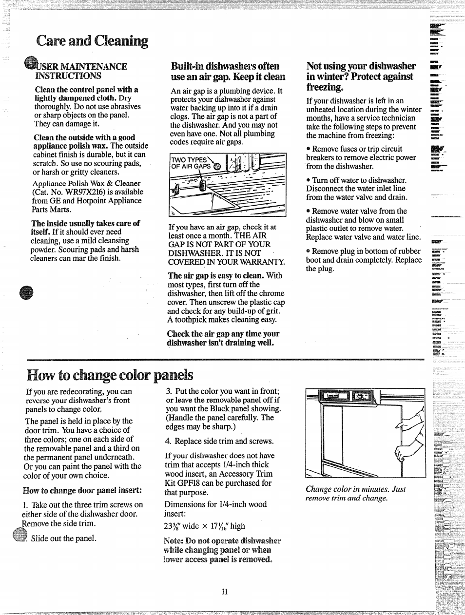 How to change color panels, Care and cleaning | GE 165 D3080P027 User Manual | Page 11 / 16