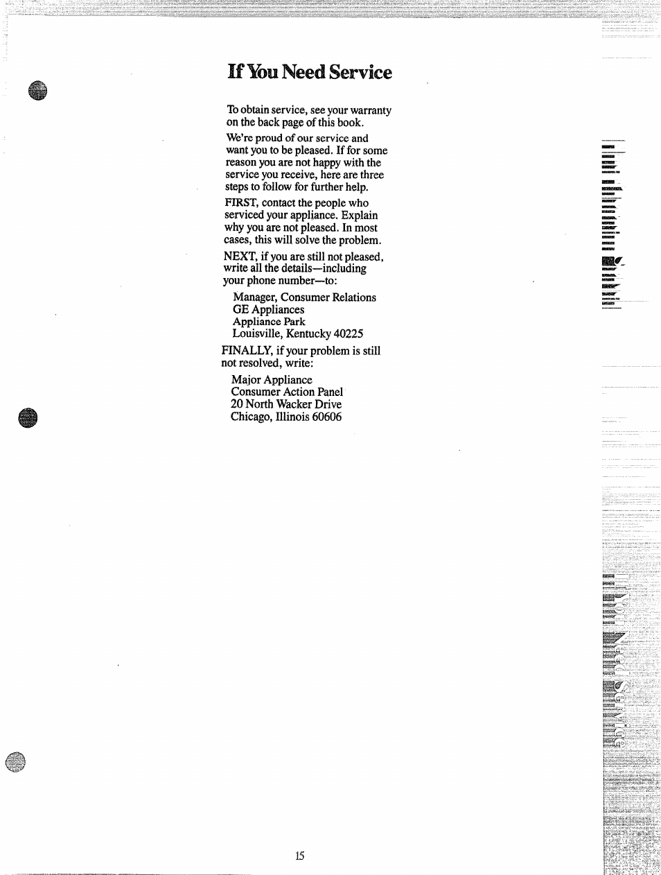 If ¥)u need service | GE 165 D3080P027 User Manual | Page 15 / 16