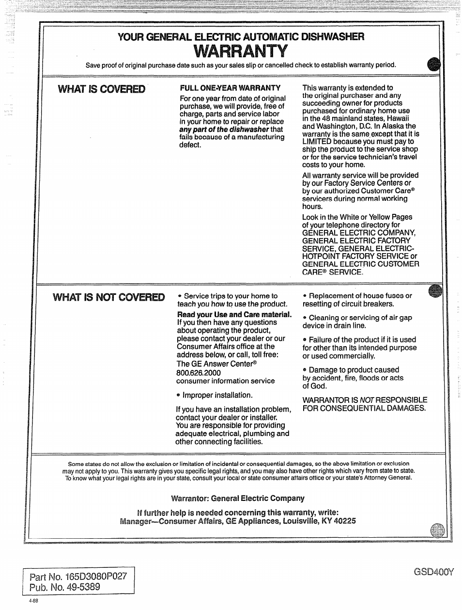 Your general electric automatic dishwasher, What is covered | GE 165 D3080P027 User Manual | Page 16 / 16