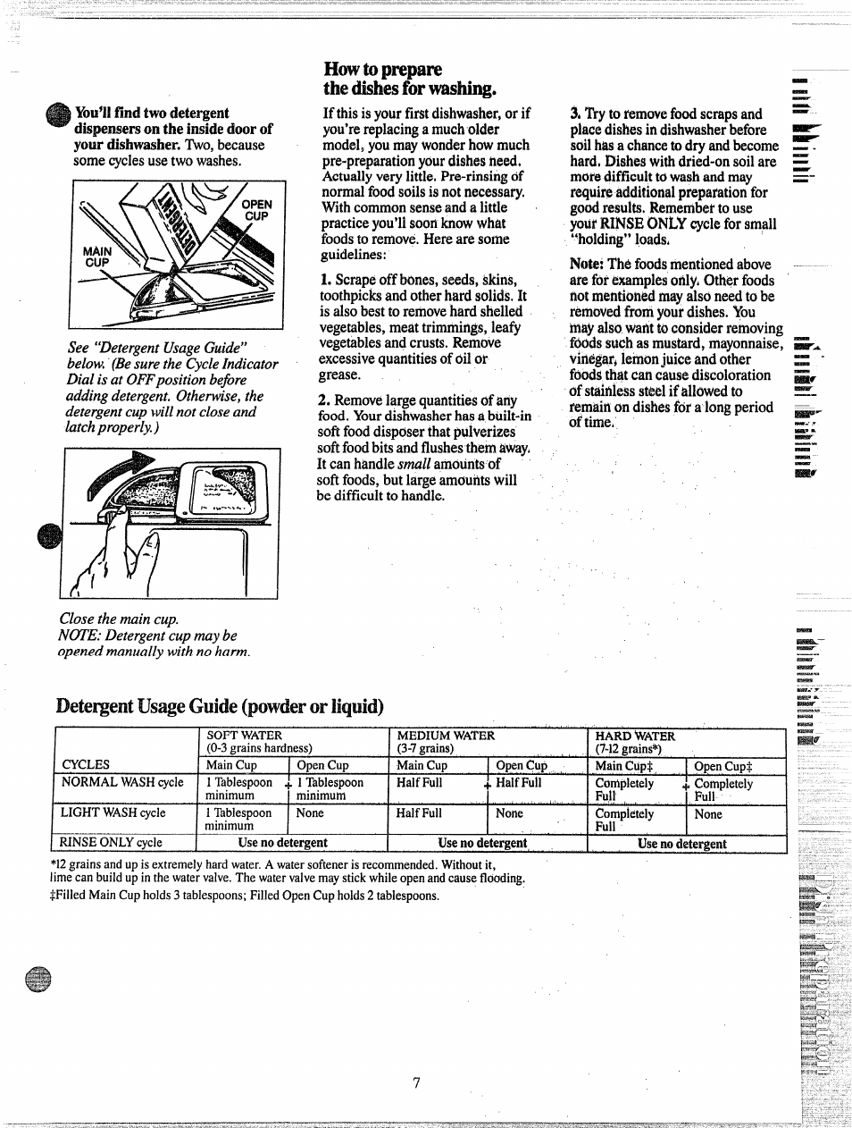 How to prepare the dishes for washing, Detergent usage guide (powder or liquid) | GE 165 D3080P027 User Manual | Page 7 / 16