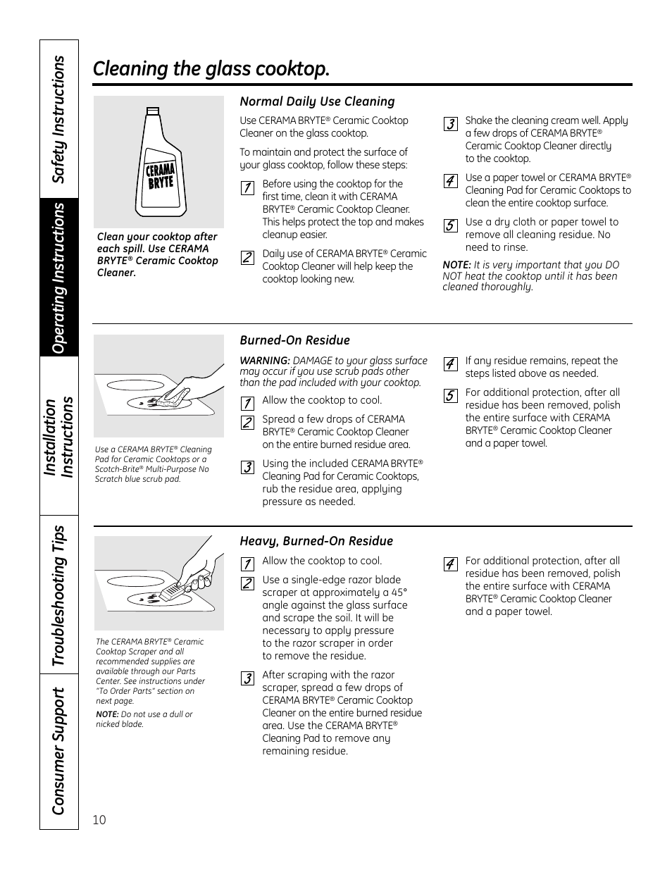 Cleaning the glass cooktop | GE JP256 User Manual | Page 10 / 80