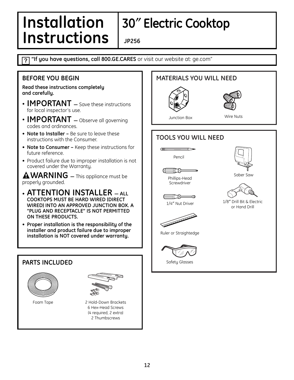 Installation, Instructions, 30 ″ electric cooktop | Important, Warning, Attention installer | GE JP256 User Manual | Page 12 / 80