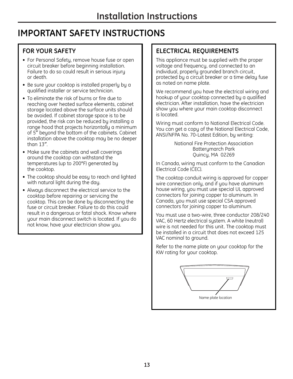 Installation instructions, Important safety instructions | GE JP256 User Manual | Page 13 / 80