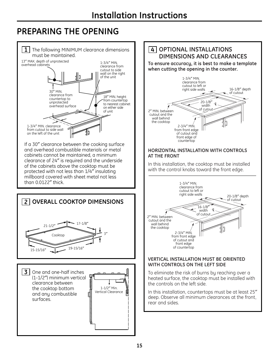 Installation instructions, Preparing the opening, Optional installations dimensions and clearances | Overall cooktop dimensions 2 | GE JP256 User Manual | Page 15 / 80