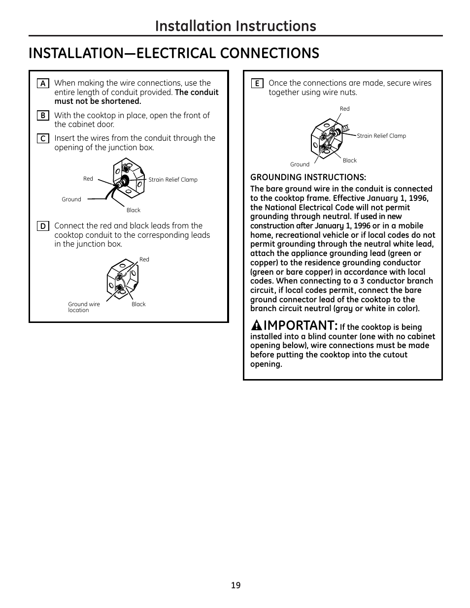 Installation instructions, Installation—electrical connections, Important | GE JP256 User Manual | Page 19 / 80